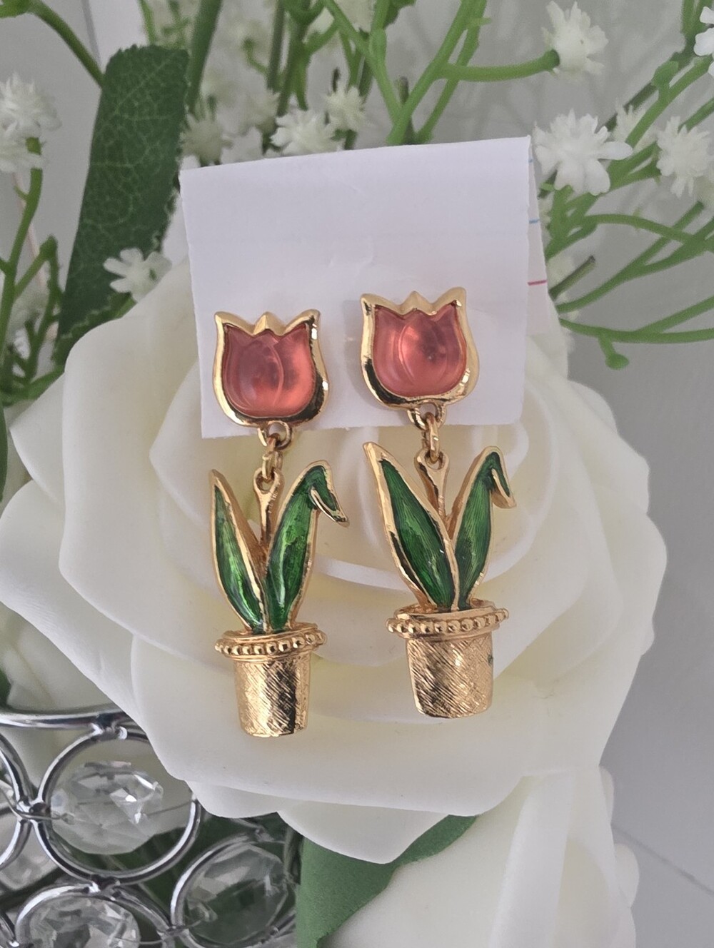 Vintage Avon pink lucite & enamel tulip flower pot pierced earrings dangle drop